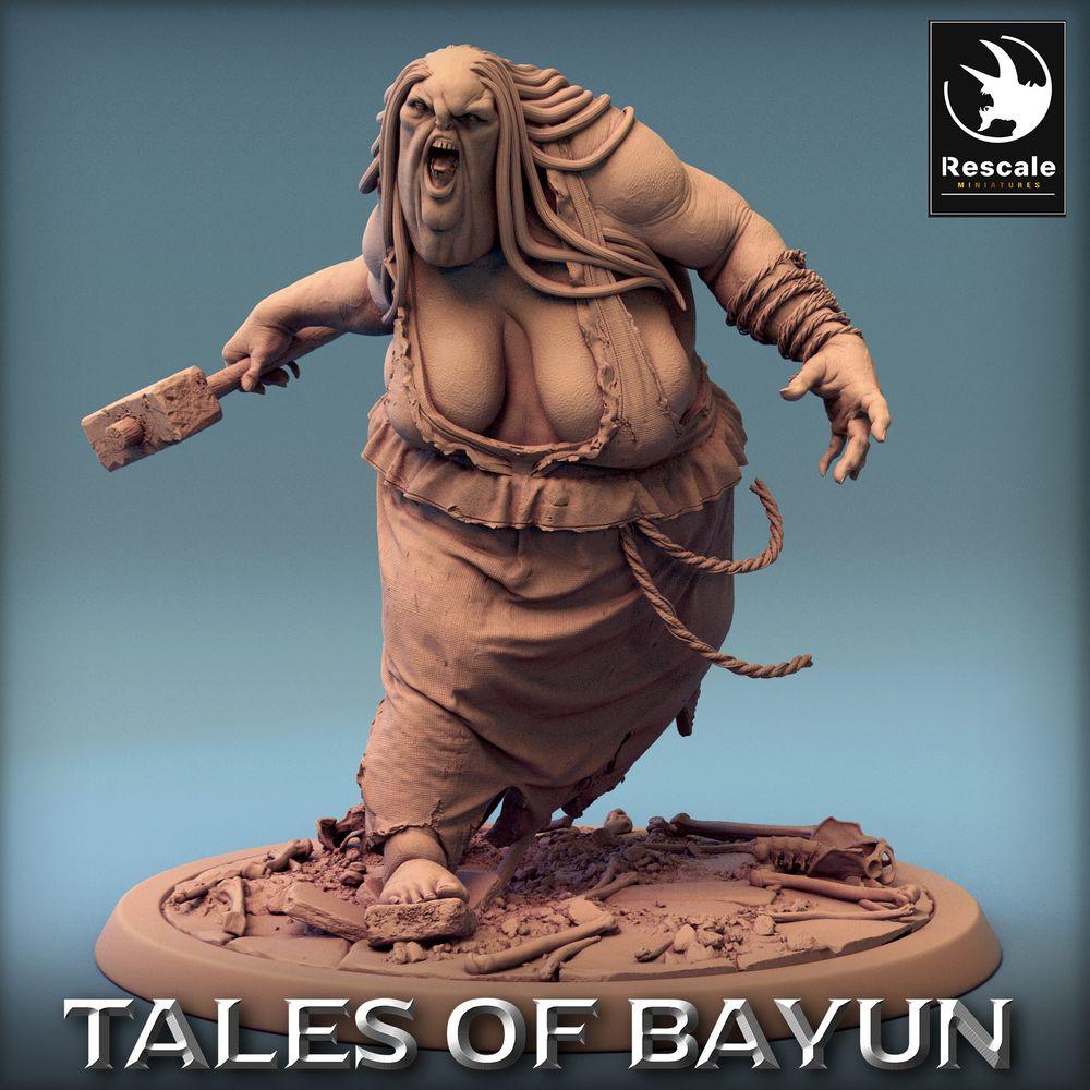 Photo de produit Tabletop 28mm Lord of the Print (LotP) 0 : Miniature Tabletop : Kikimora Oger-Boucher, sorcière des marais en charge avec hache de boucher, monstre boss Trollmatrone (24_01_D4)