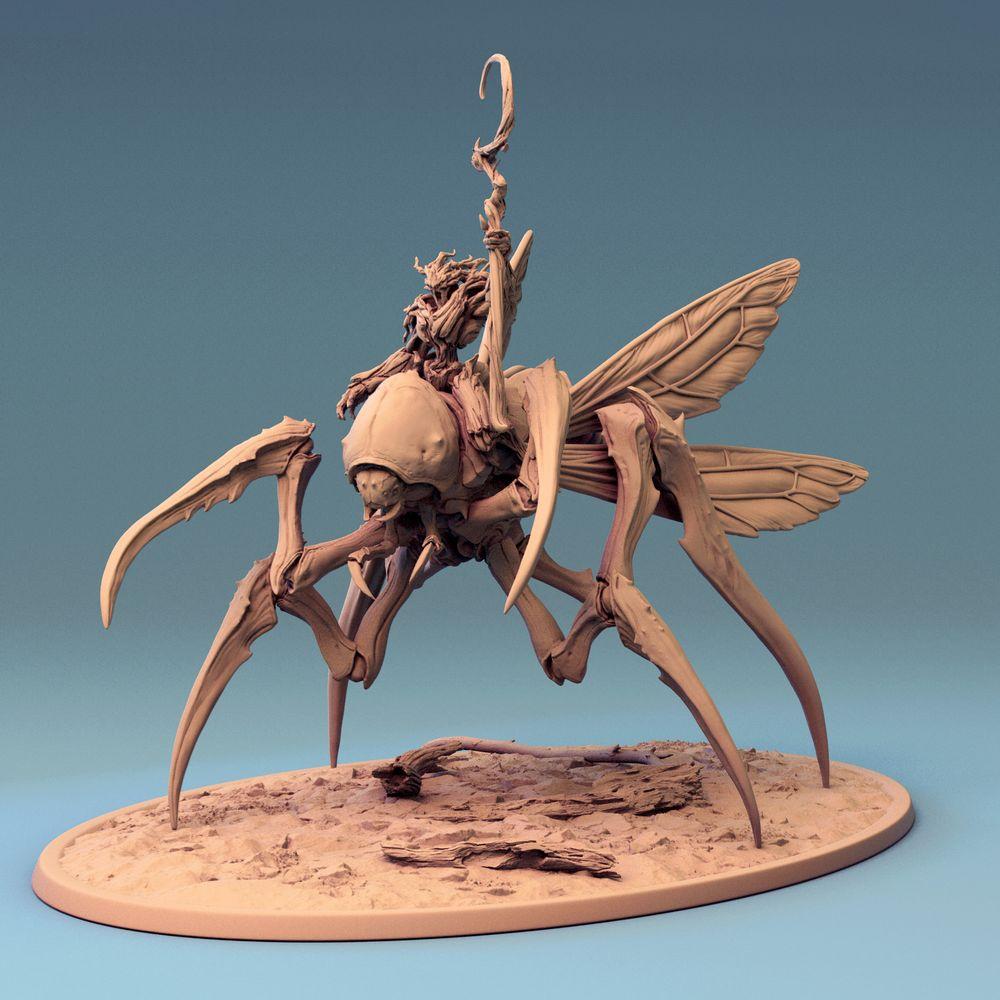 Photo de produit Tabletop 28mm Lord of the Print (LotP) 0 : Miniature Tabletop : Cavalier insecte sur mante religieuse, sorcière de nuée/chaman de peste avec bâton, boss de cavalerie mantide (24_07_D1)