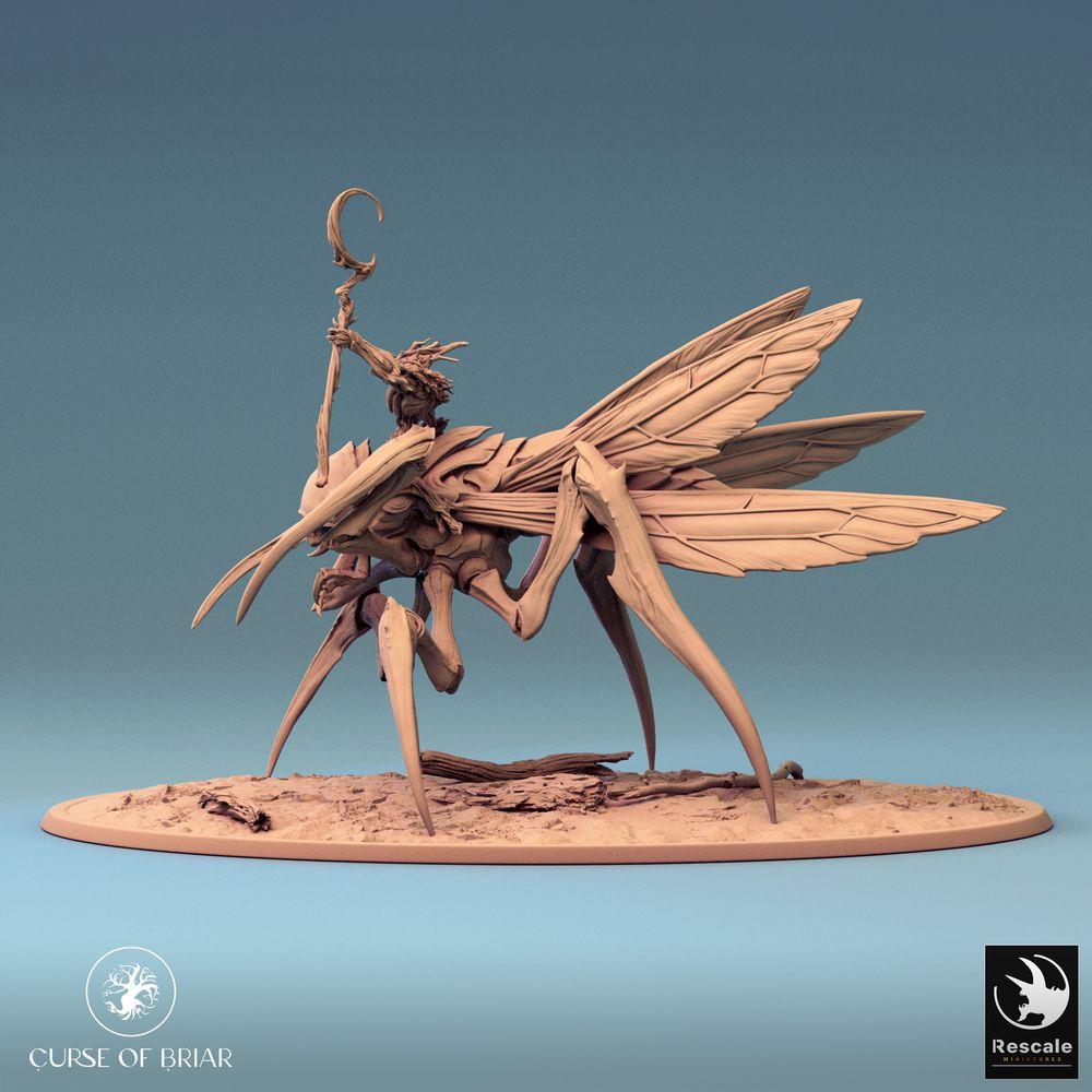 Photo de produit Tabletop 28mm Lord of the Print (LotP) 0 : Miniature Tabletop : Cavalier insecte sur mante religieuse, sorcière de nuée/chaman de peste avec bâton, boss de la cavalerie mantis (24_07_D1)
