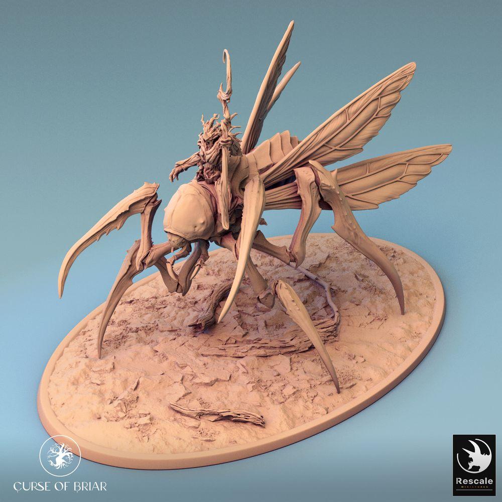 Photo de produit Tabletop 28mm Lord of the Print (LotP) 0 : Miniature Tabletop : Cavalier insecte sur mante religieuse, sorcière de nuée/chaman de la peste avec bâton, boss de la cavalerie mantis (24_07_D1)