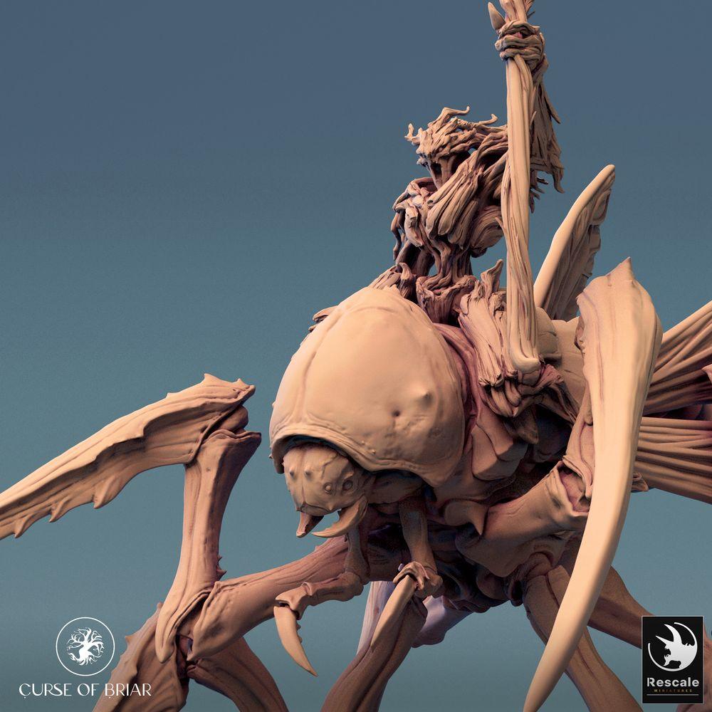 Photo de produit Tabletop 28mm Lord of the Print (LotP) 0 : Miniature Tabletop : Cavalier insecte sur mante religieuse, sorcière de nuée/chamane de peste avec bâton, boss de la cavalerie mantique (24_07_D1)