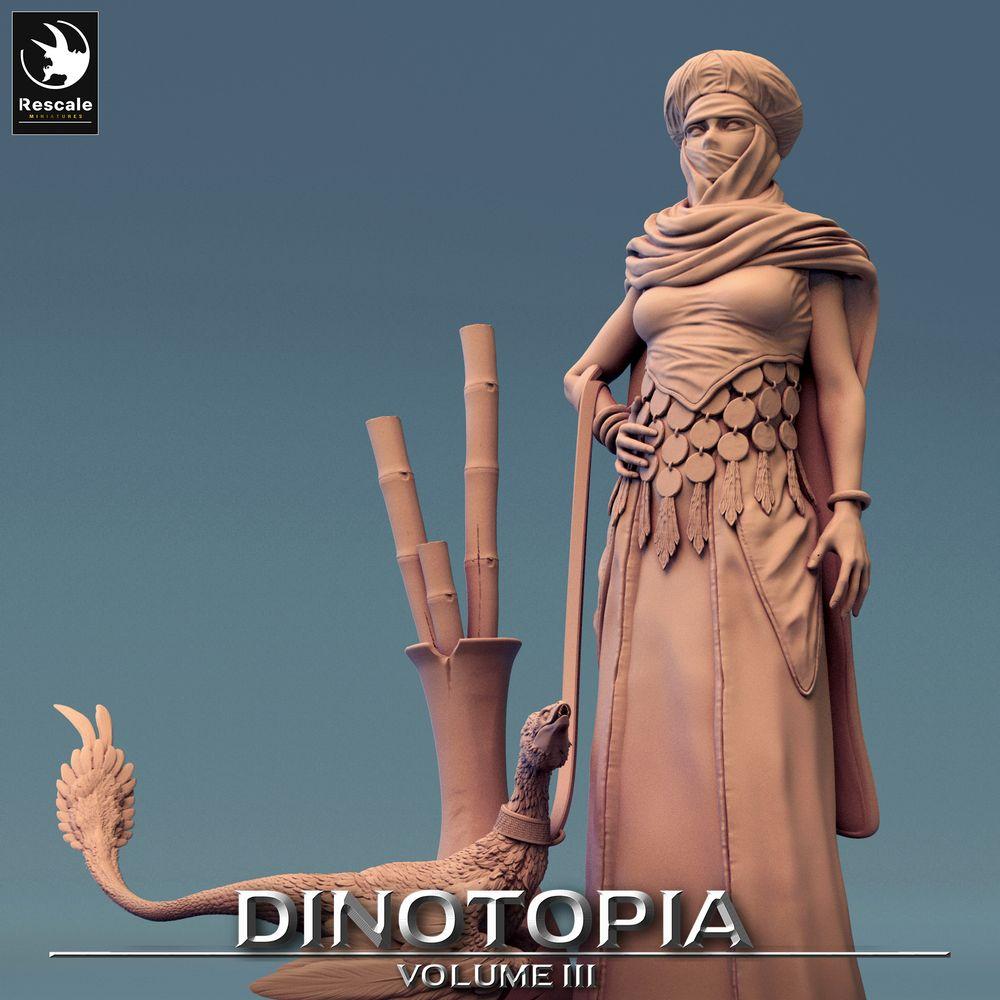Photo de produit Tabletop 28mm Lord of the Print (LotP) 0 : Figurine fantastique : Nomade du désert et maîtresse des bêtes avec dinosaure à plumes - Ranger, chef de tribu, éclaireuse (24_06_E13)