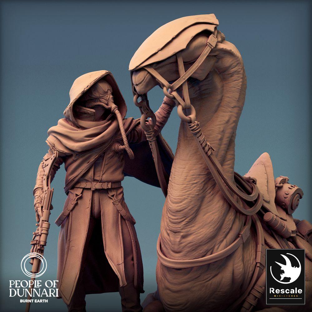 Photo de produit Tabletop 28mm Lord of the Print (LotP) 0 : Figurine Sci‑Fi : Nomade du désert et dompteur de bêtes avec monture Sandrunner (Sandstepper), éclaireur avec fusil long (24_03_J2)