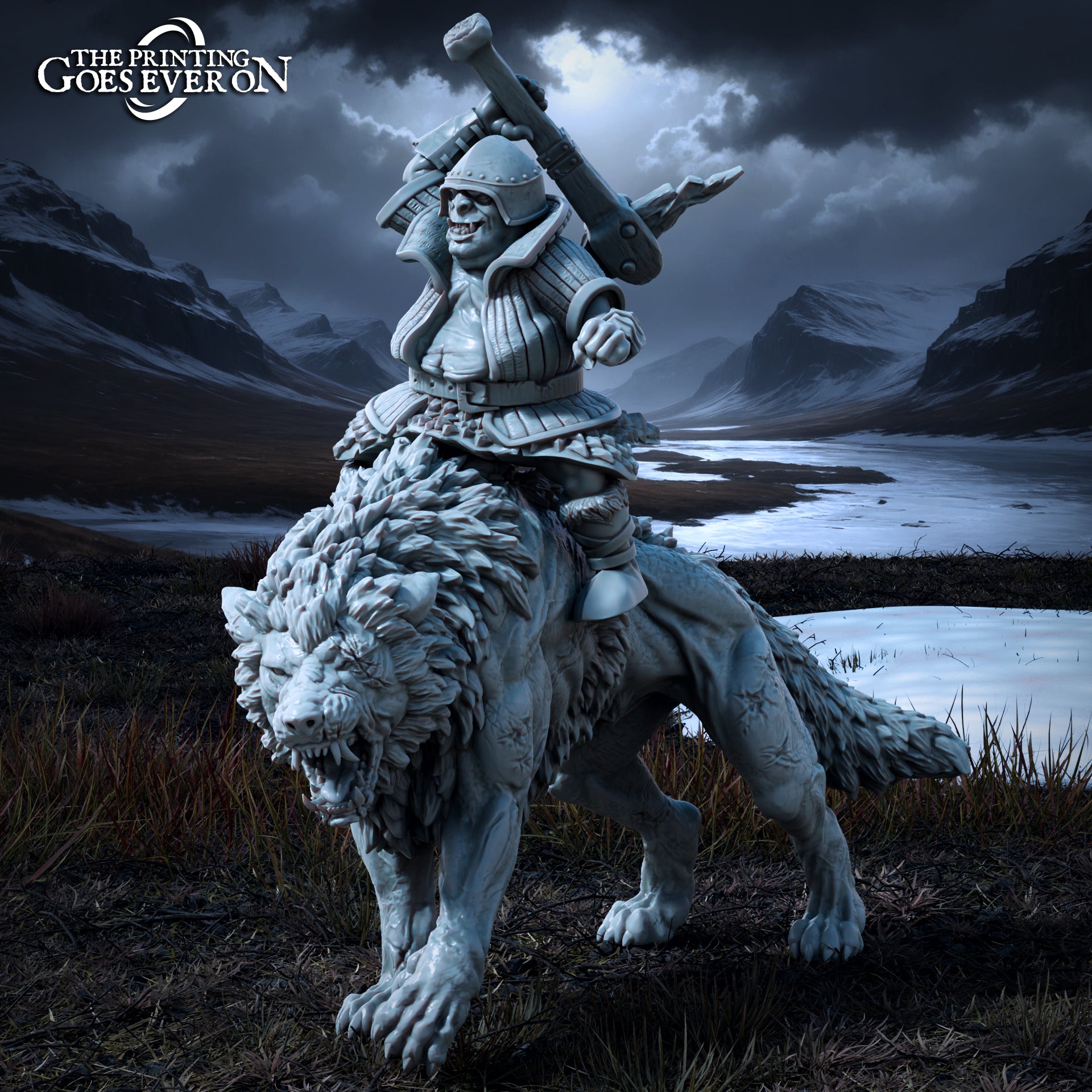 Photo du produit Tabletop 28mm The Printing Goes Ever On (TPGEO) 0 : Capitaine Ork - Gormuk l'Opulent à pied et sur le Warg - Créatures maléfiques des Royaumes du Nord