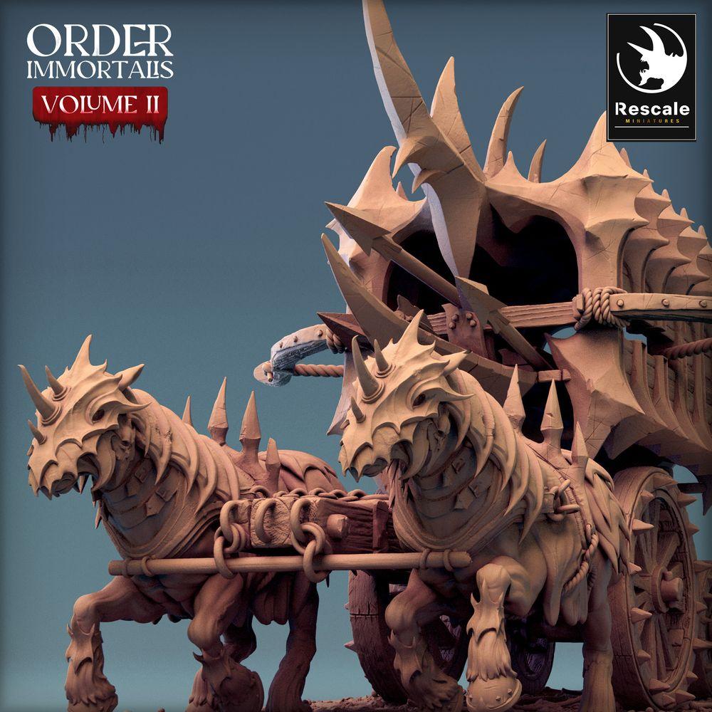 Photo de produit Tabletop 28mm Lord of the Print (LotP) 0 : Miniature Tabletop : Chariot de démons tiré par des bêtes avec baliste, machine de guerre et de siège, chariot à cage - Scorpio Run (24_02_B1)