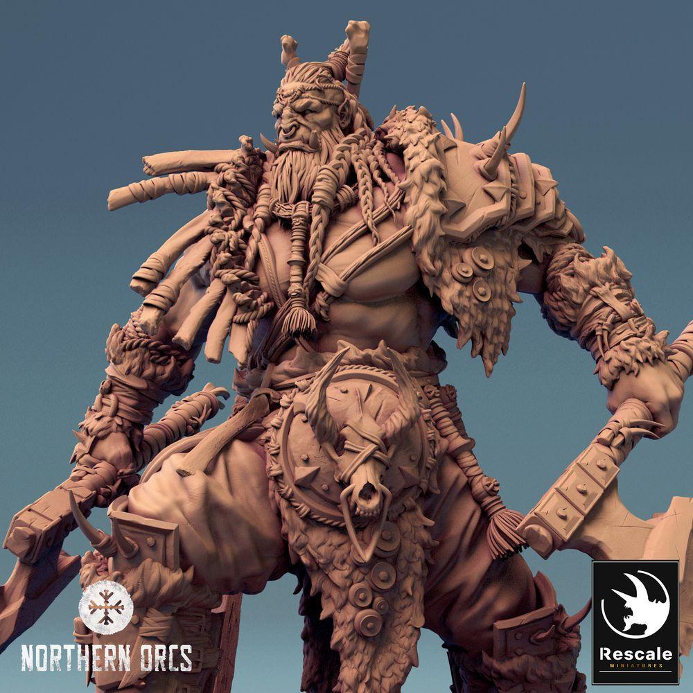 Photo de produit Tabletop 28mm Lord of the Print (LotP) 0 : Miniature Tabletop : Orque Berserker, Chef de Guerre Orque, Guerrier à deux haches (24_04_E1)