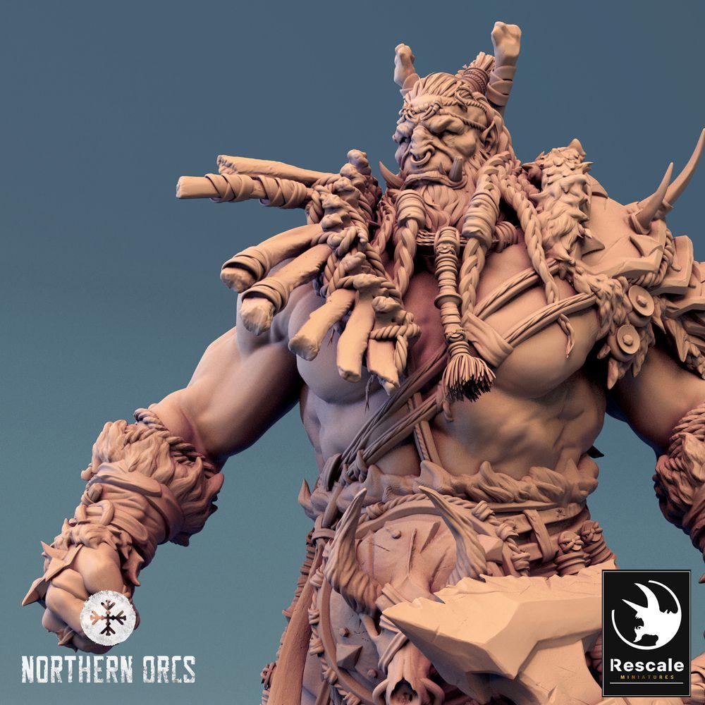 Photo du produit Tabletop 28mm Lord of the Print (LotP) 0: Figurine Fantasy: Ork Warlord / Chef de guerre Azhrog, Champion barbare avec hache à deux mains dentelée (24_04_E3)