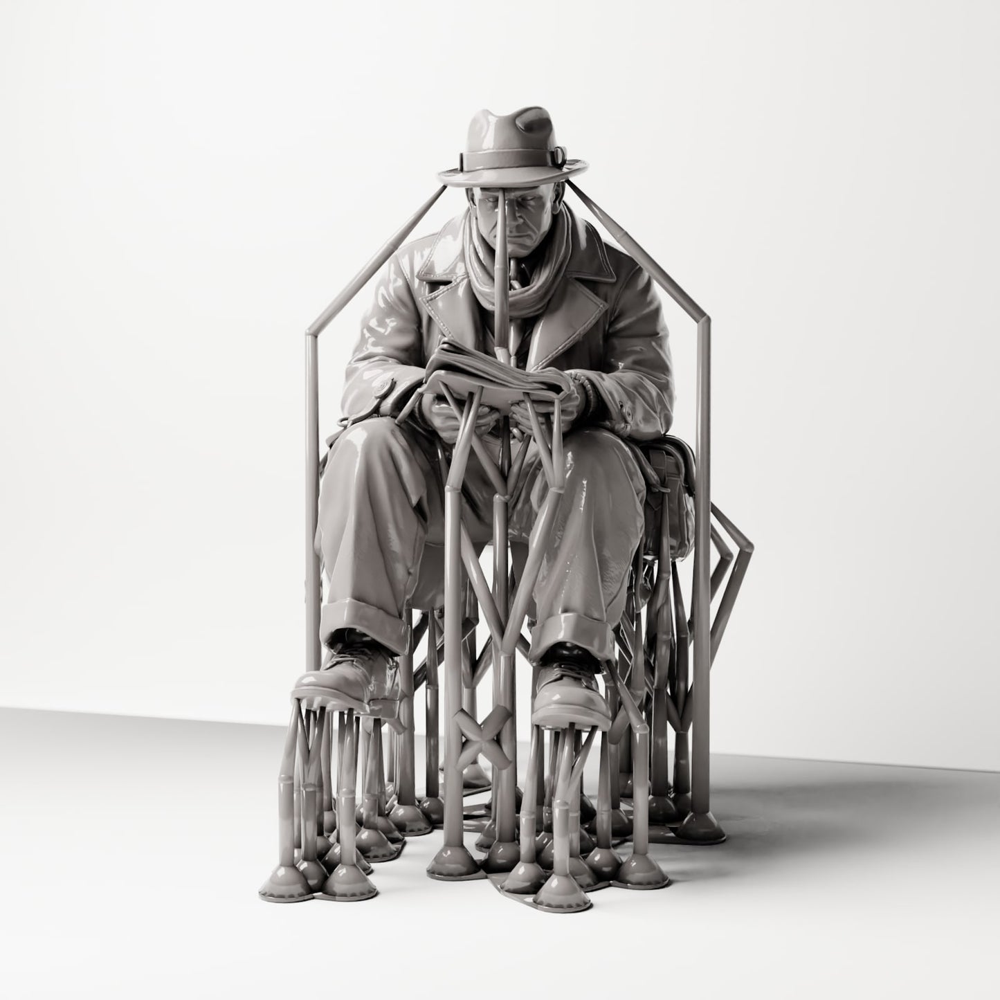 Scenework Zusatzbild 06: Sitzende Figur: Mann sitzend auf Bankkante, 1920er Reisender mit Zeitung und Umhängetasche (sc07)
