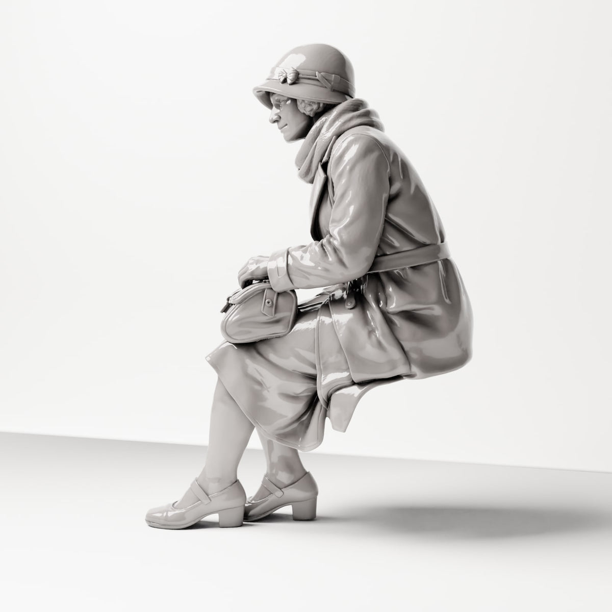 Diorama modélisme photo produit 1 : Figurine assise : Femme assise sur le bord d'un banc avec un sac à main, années 1920-1930, salle d'attente, gare (sc08)