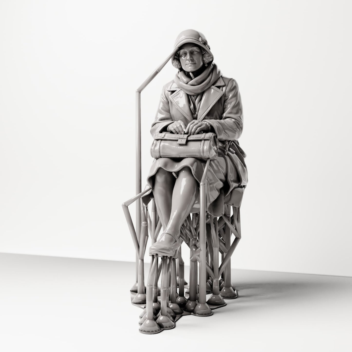 Scenework Zusatzbild 06: Sitzende Figur: Frau sitzend auf Bankkante mit Handtasche, 1920er-1930er, Wartesaal, Bahnh (sc08)