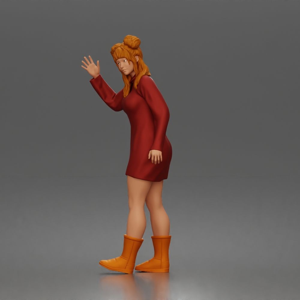 Photo produit de modélisme pour diorama 5 : figurine debout : femme faisant signe pour appeler un taxi, avec robe à manches longues et bottes (a204)