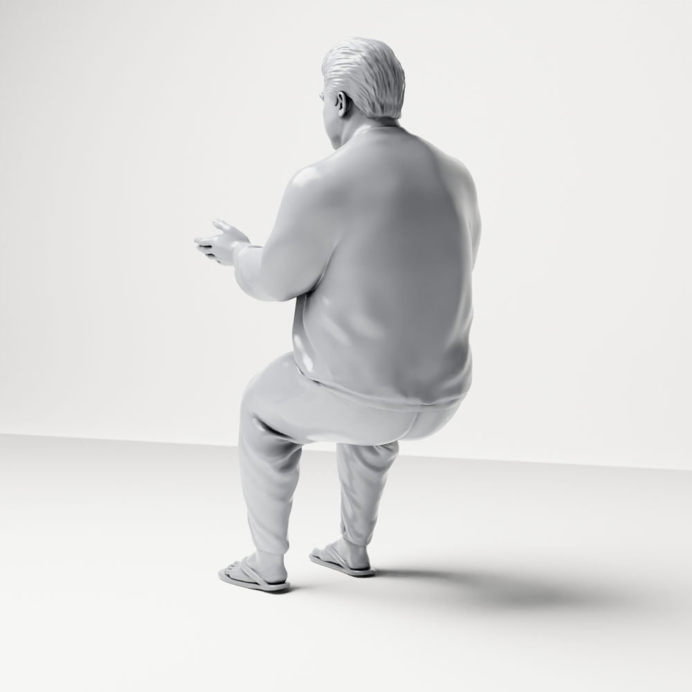 Photo produit de modélisme de diorama 9 : Figurine assise : homme gesticulant avec pull, pantalon et tongs (a165)