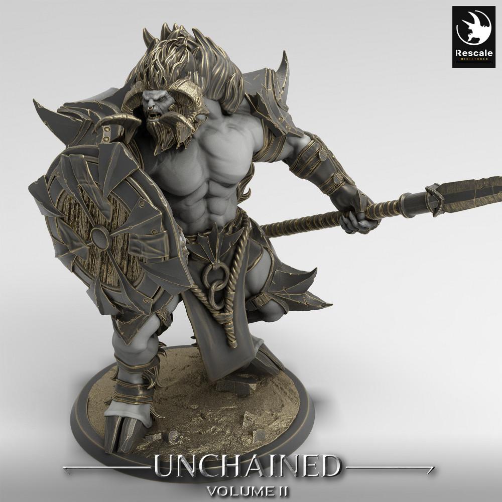 Photo de produit Tabletop 28mm Lord of the Print (LotP) 0 : Figurine fantastique : Gardien Minotaure, porteur de lance avec bouclier rond, guerrier bestial - Gardien Minotaure (24_05_G2)