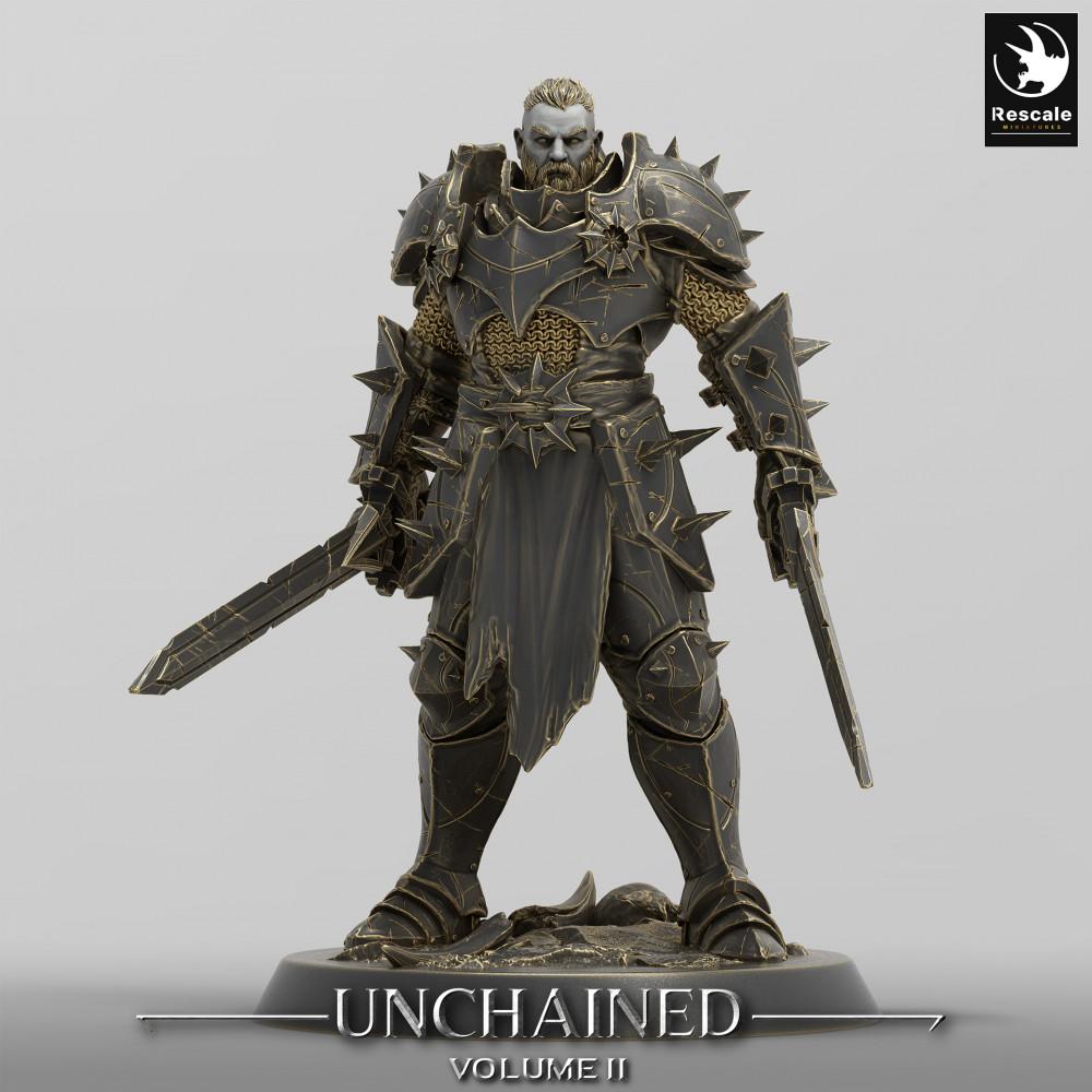 Photo de produit Tabletop 28mm Lord of the Print (LotP) 0 : Figurine fantastique : Chevalier noir, guerrier du chaos avec deux épées larges en combat à deux mains, paladin sombre (24_05_D23)