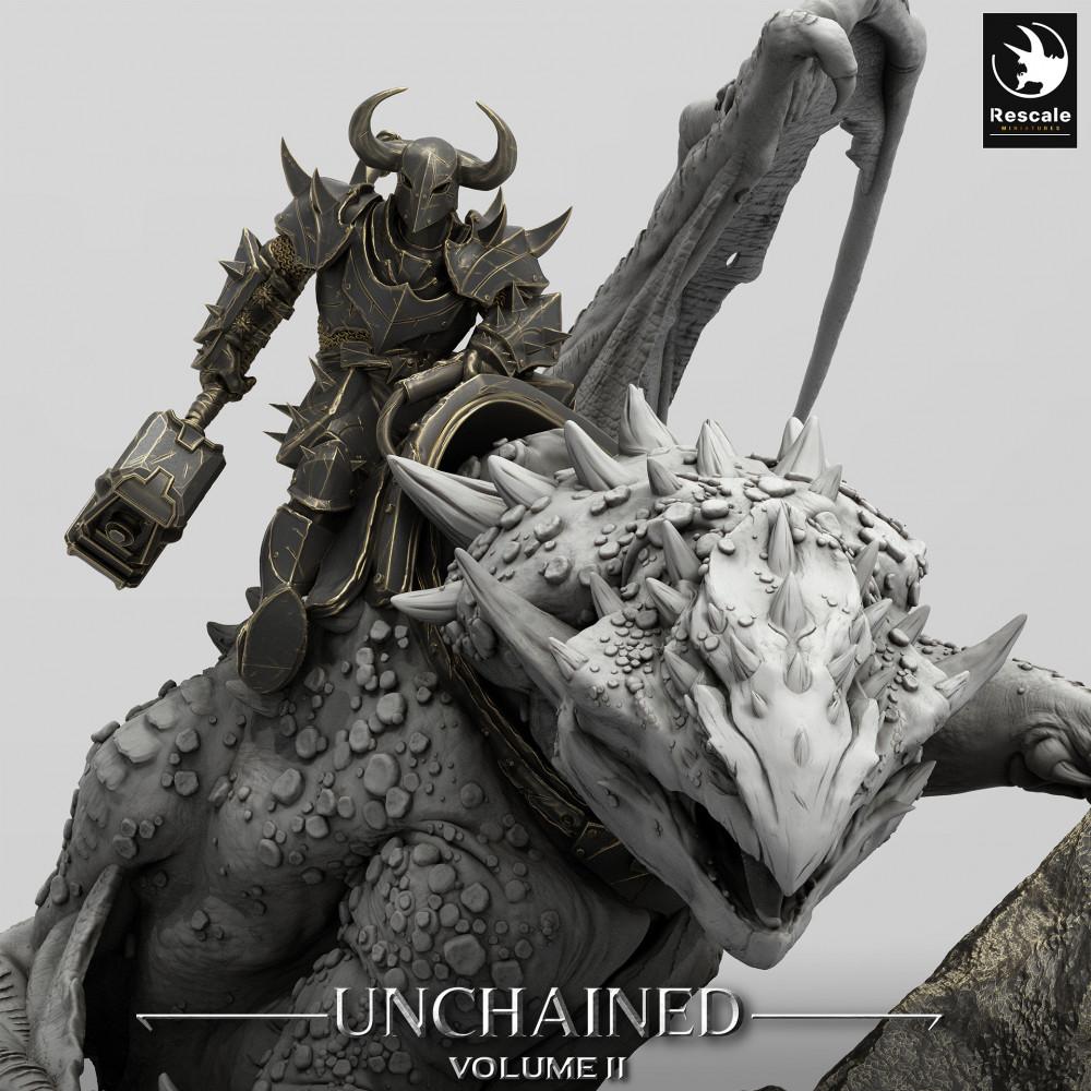 Photo du produit Tabletop 28mm Lord of the Print (LotP) 0 : Miniature de Tabletop : Cavalier de dragon sur wyverne, chef de guerre en armure plate avec marteau de guerre, monstre boss avec base diorama volcanique (24_05_K1)