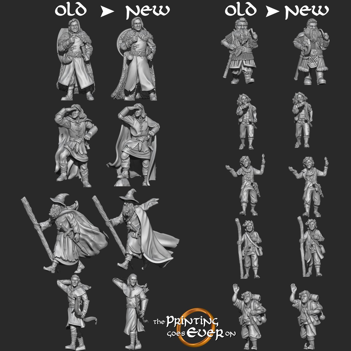 Photo de produit Tabletop 28mm The Printing Goes Ever On (TPGEO) 0: 9 Héros en pose de marche Remasterisé : Compagnons humains, elfes, nains et hobbits - Voyageur