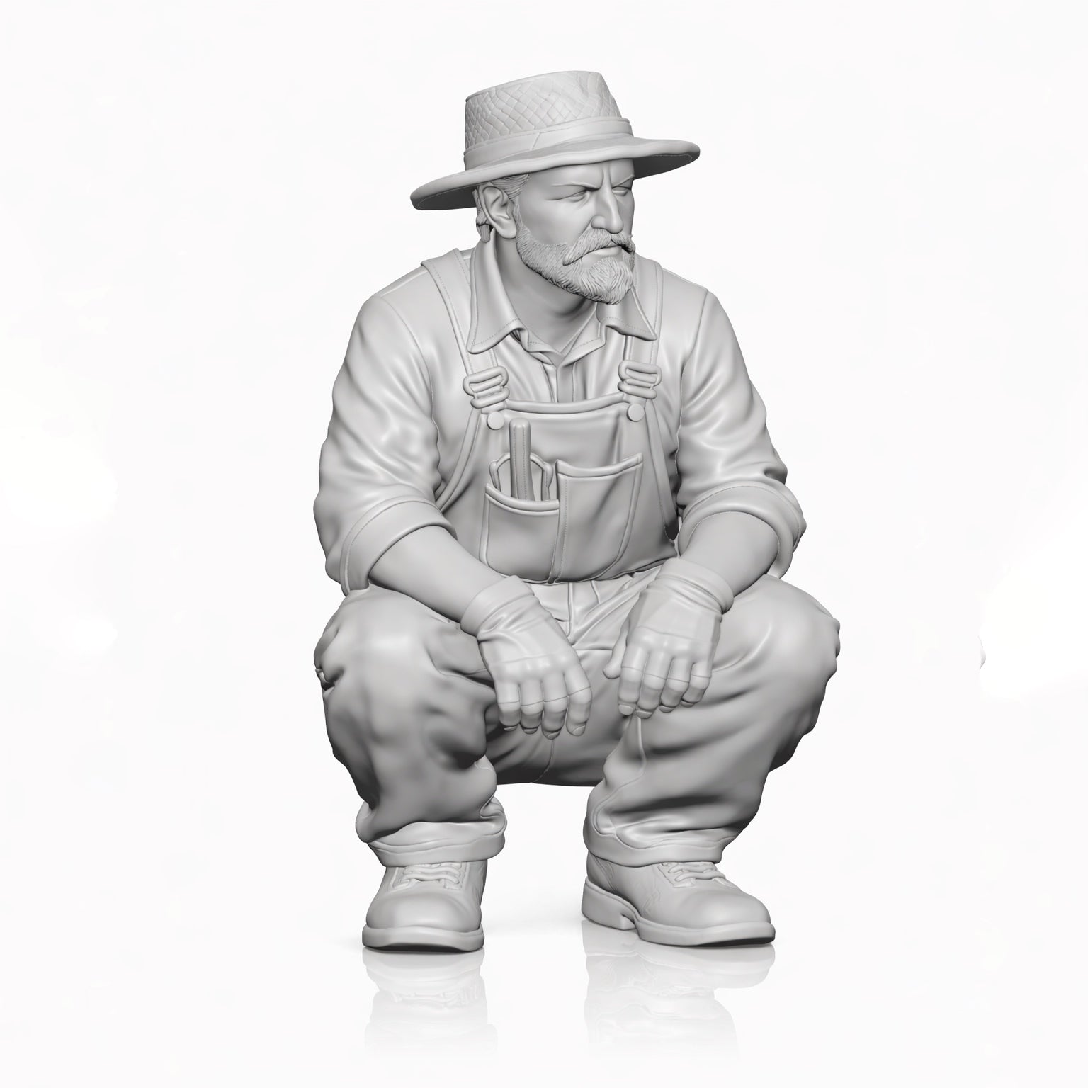 Diorama Modellbau Produktfoto 0: Hockende Figur: Gärtner mit Hut & Latzhose, Werkzeuge in Brusttasche (B001)