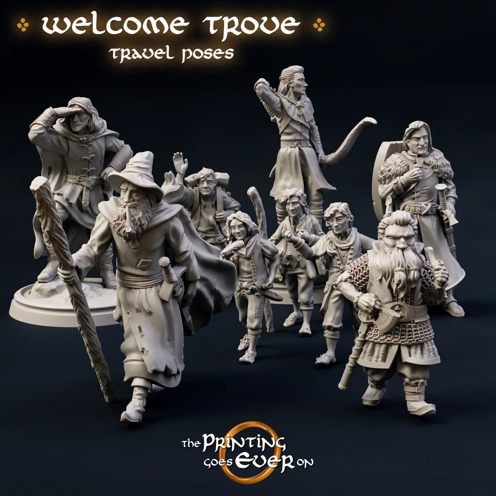 Photo de produit Tabletop 28mm The Printing Goes Ever On (TPGEO) 0: 9 héros en pose de marche : compagnons humains, elfes, nains et hobbits - Voyageurs
