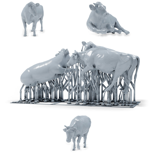 Photo produit de modélisme de diorama 0 : miniatures de bovins pour diorama : trois vaches en position debout, en marche et couchée (h0_53)