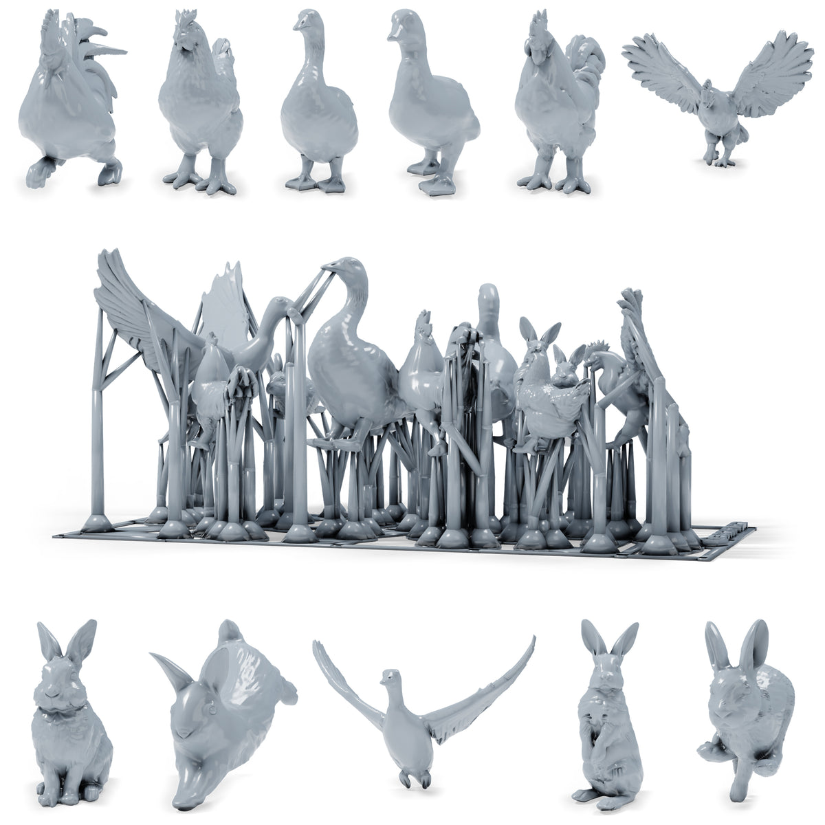 Photo du produit de modélisme pour diorama 0 : miniatures d’animaux de ferme pour diorama : poules, canards, oie et lapins (h0_51)