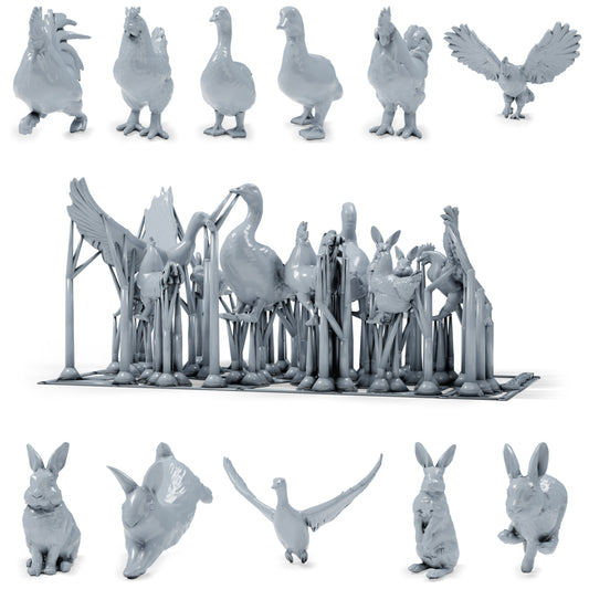 Photo du produit de modélisme pour diorama 0 : miniatures d’animaux de ferme pour diorama : poules, canards, oie et lapins (h0_51)