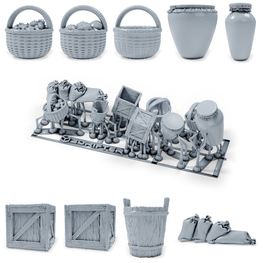 Diorama Modellbau Produktfoto 0: Diorama Miniatur Markt: Dorfmarkt mit Körben, Krügen und Waren (h0_31)