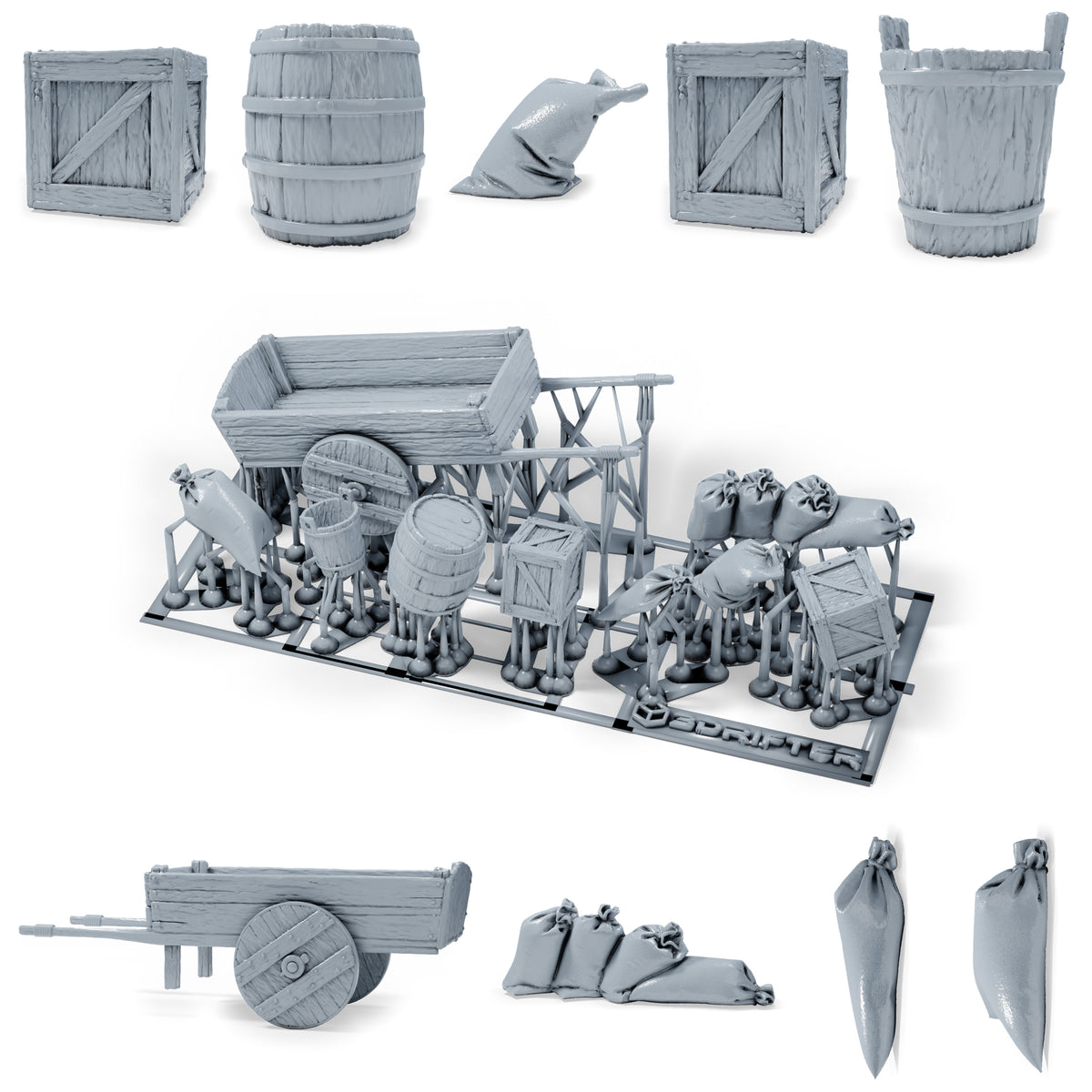 Diorama Modellbau Produktfoto 0: Diorama Miniatur Hofzubehör: Handkarren mit Getreidesäcken, Kisten und Fass (h0_32)