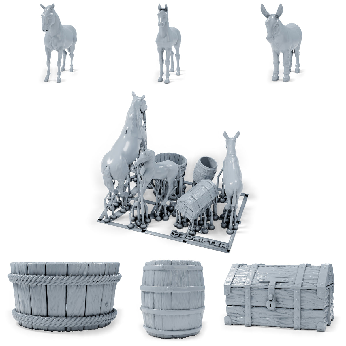 Diorama Modellbau Produktfoto 0: Diorama Tiere Set: Pferd, Fohlen und Esel mit Stallzubehör (h0_35)