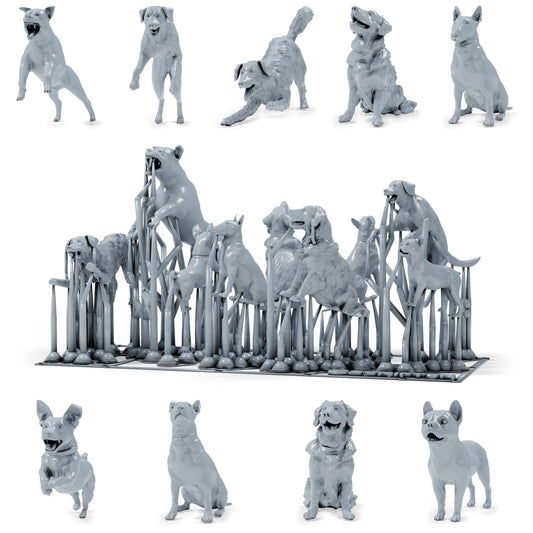 Photo du produit de modélisme de diorama 0 : miniatures de chiens pour diorama : neuf chiens de races et de poses différentes (h0_52)