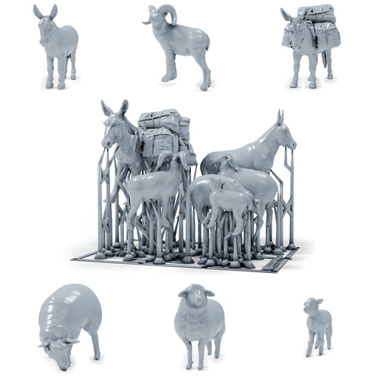 Photo de produit pour diorama de modélisme 0 : animaux de ferme miniatures pour diorama : âne, moutons, bélier et agneau (h0_55)