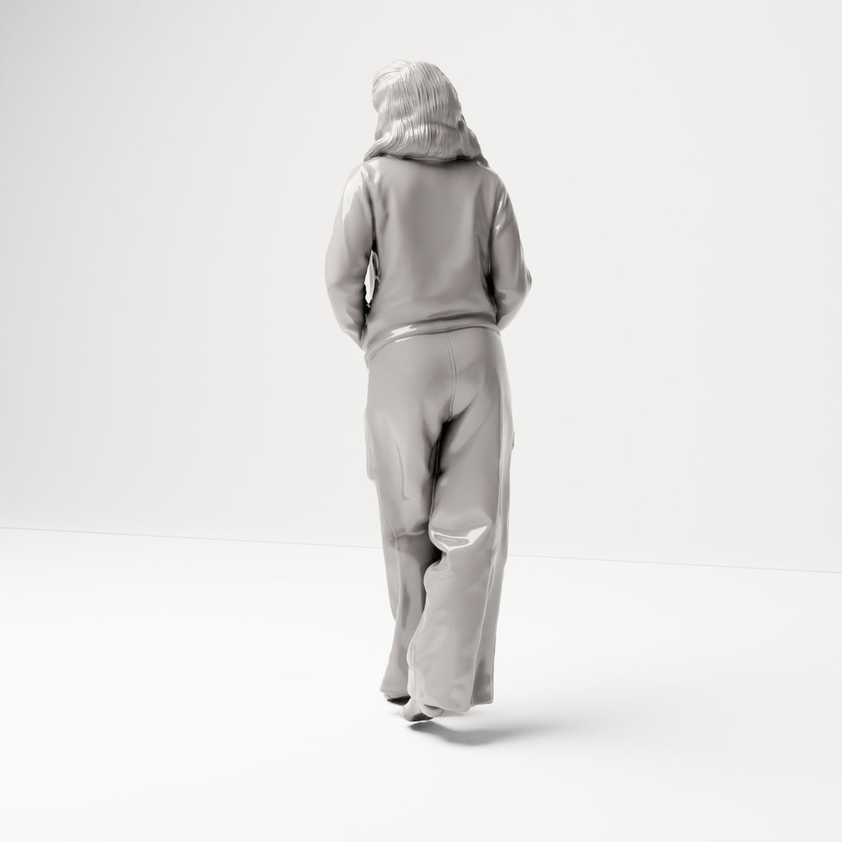 Stehende Figur: Frau mit Freizeitkleidung, barfuß, Hände in Taschen (B012) - Rueckansicht
