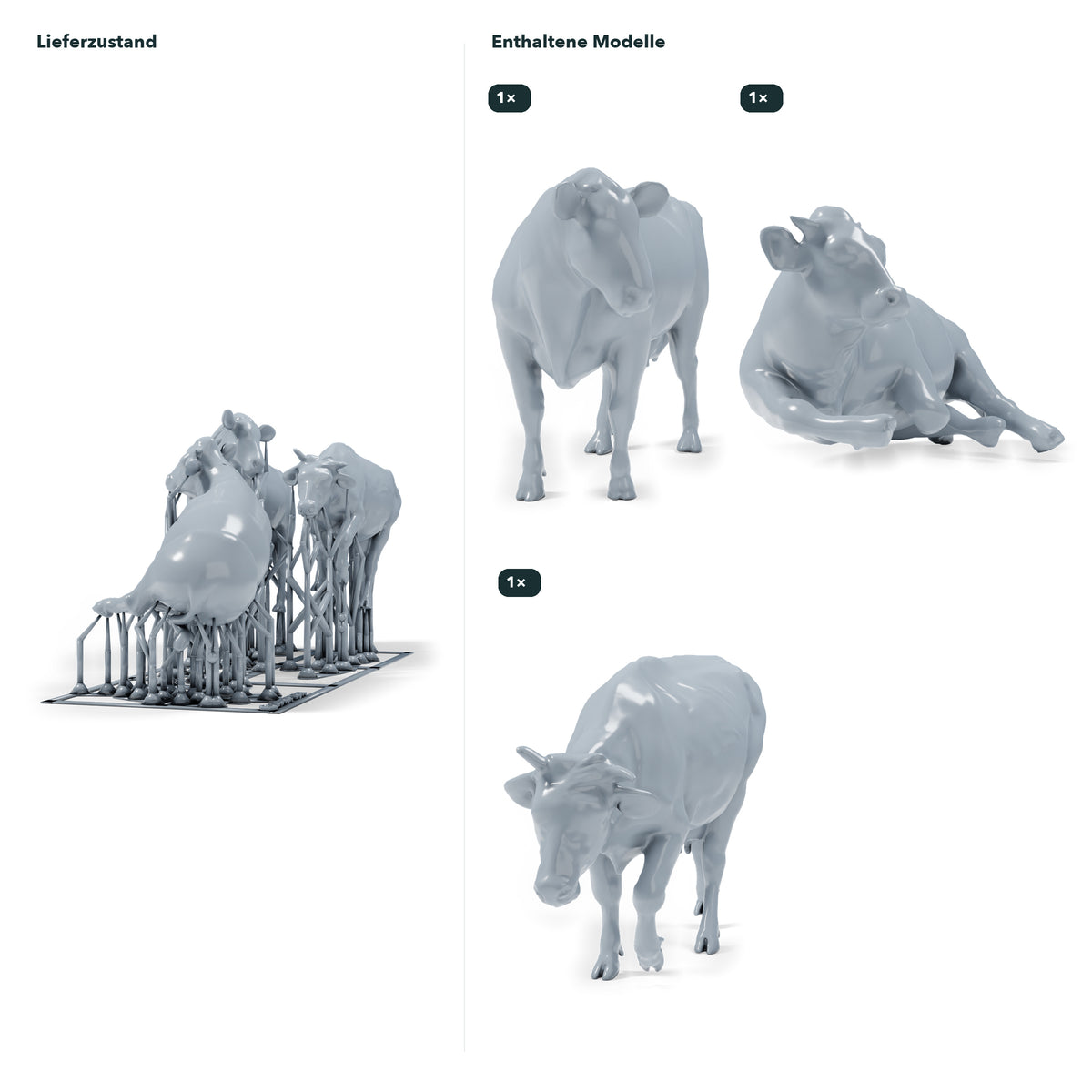 Photo produit de modélisme de diorama 1 : miniatures de bovins pour diorama : trois vaches en poses debout, en marche et couchée (h0_53)