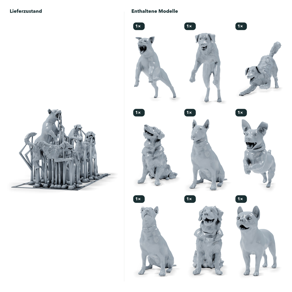 Photo du produit Diorama Modélisme 1 : Miniatures de chiens pour diorama : neuf chiens de races et de postures différentes (h0_52)