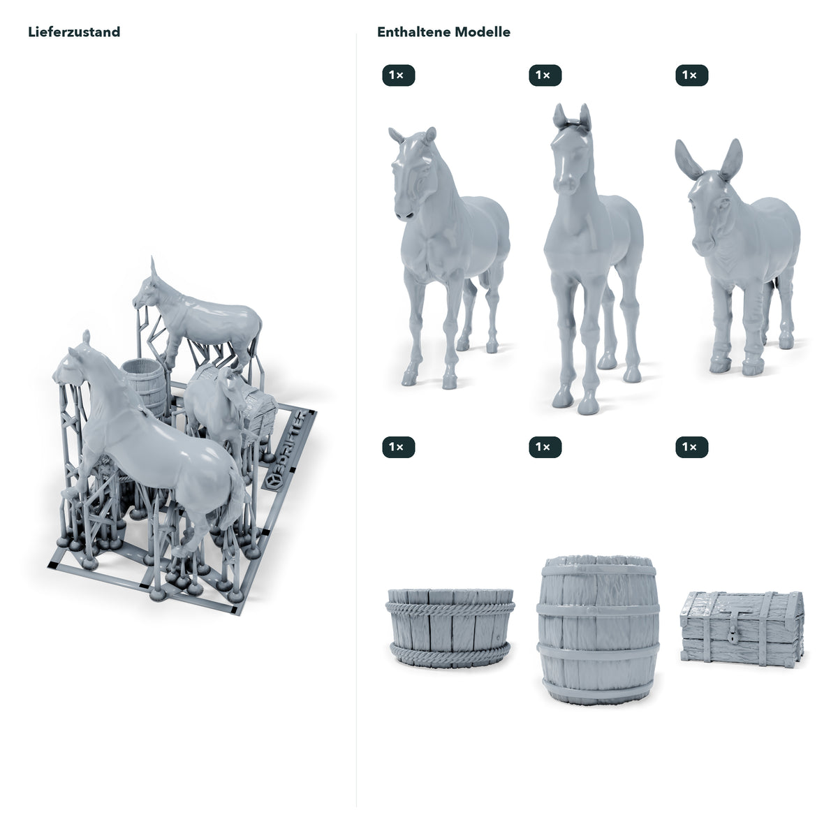 Diorama Modellbau Produktfoto 1: Diorama Tiere Set: Pferd, Fohlen und Esel mit Stallzubehör (h0_35)