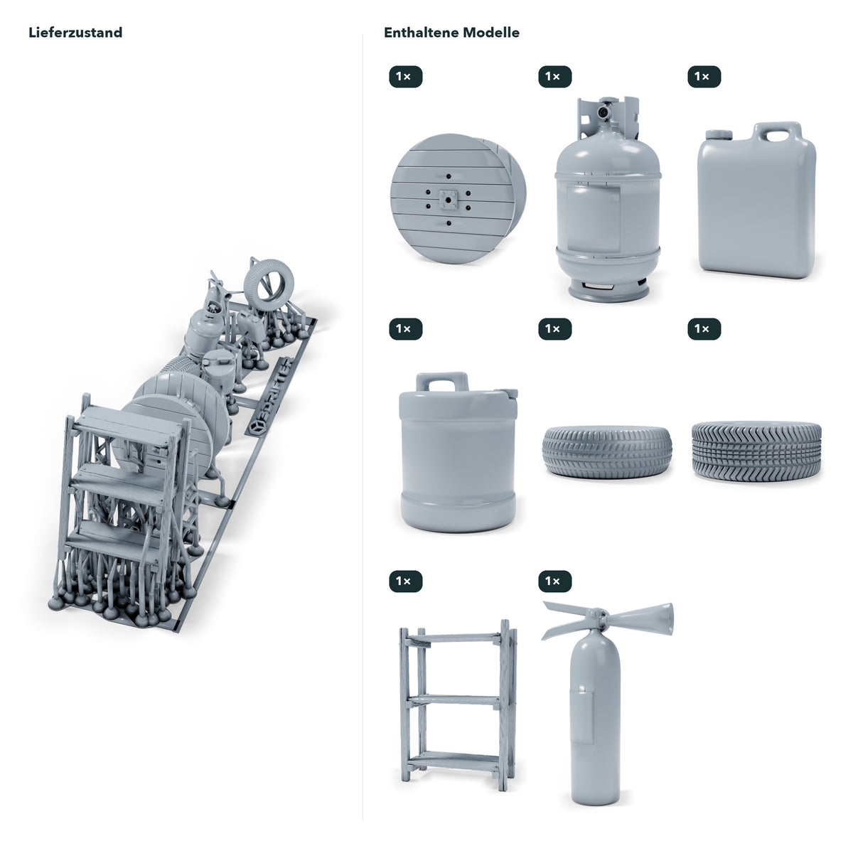 Diorama Modellbau Produktfoto 1: Diorama Miniatur Werkstatt: Regal, Reifen, Kabeltrommel und Zubehör (h0_43)