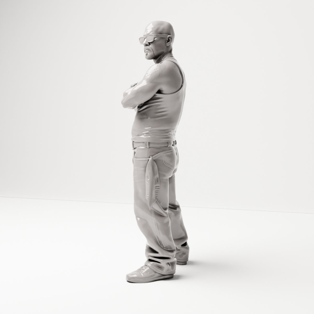 Stehende Figur: Person im Hip-Hop-Style mit gekreuzten Armen, Sonnenbrille & ärmellosem Oberteil (B029) - linke Seitenansicht