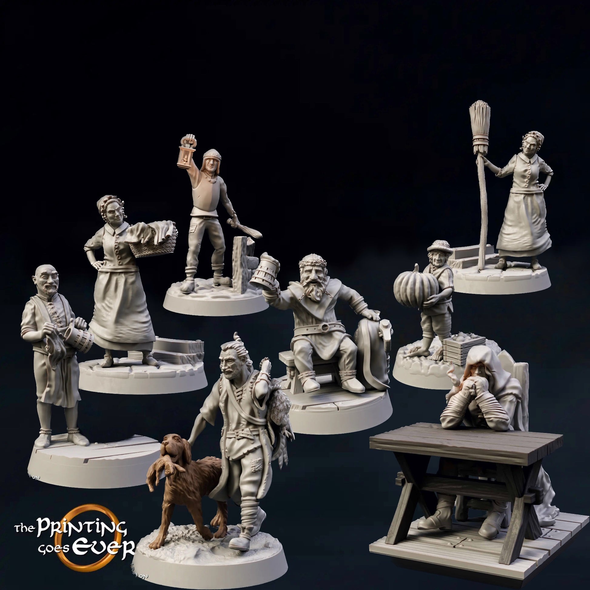 Photo de produit Tabletop 28mm The Printing Goes Ever On (TPGEO) 0 : Habitants médiévaux et clients de taverne : aubergiste, garde, chasseur, fermier, servante, invité, voyageur