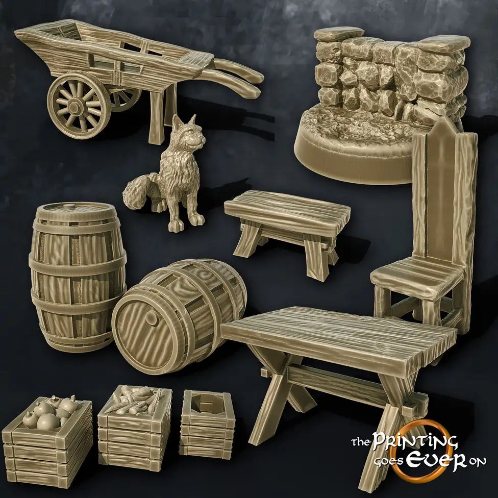 Photo du produit Tabletop 28mm The Printing Goes Ever On (TPGEO) 0 : Taverne médiévale : meubles, fûts, caisses, chariots et chat.