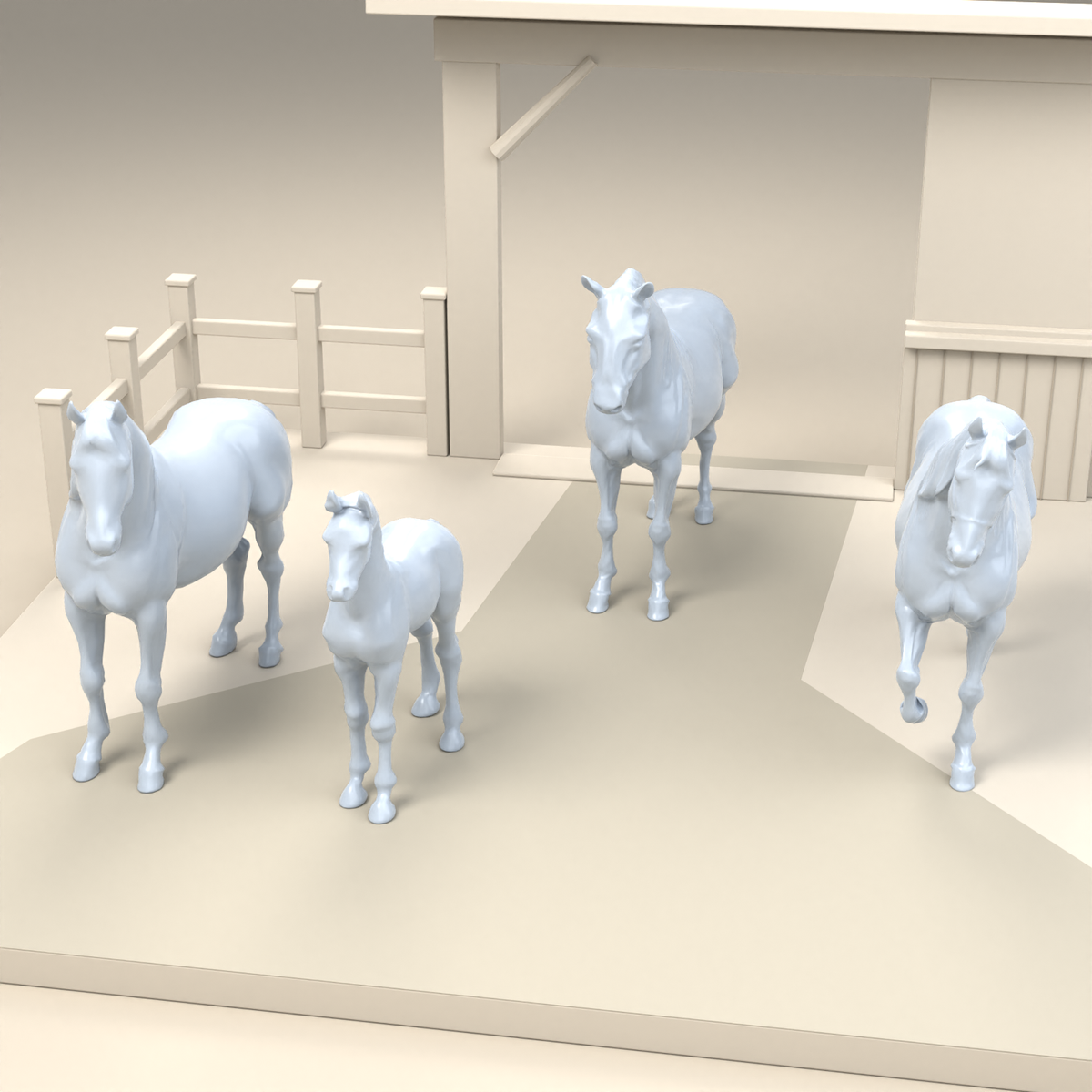 Photo de produit de modélisme de diorama 2 : chevaux miniatures pour diorama : trois chevaux et un poulain (h0_54)