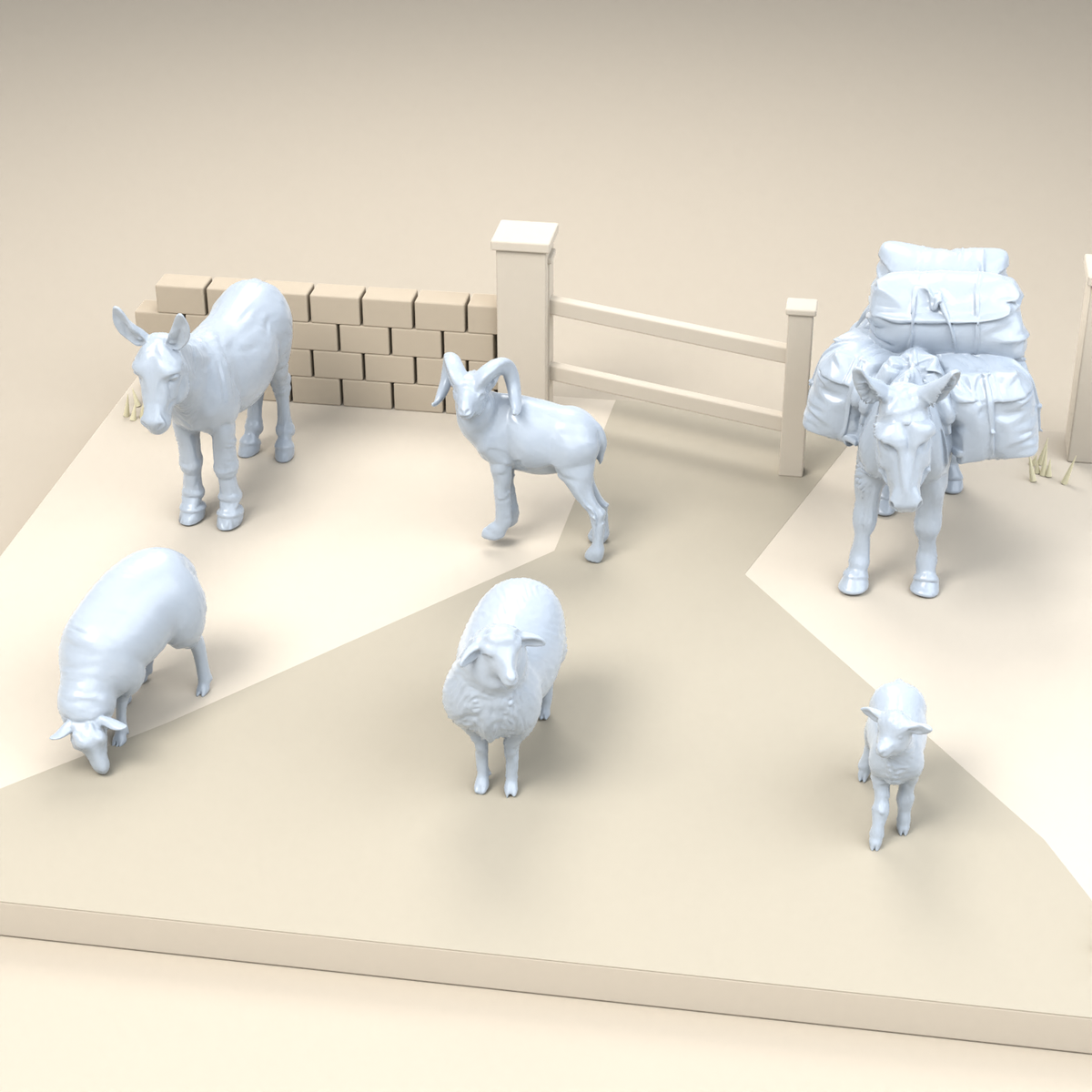 Photo du produit de modélisme de diorama 2 : figurines d’animaux de ferme pour diorama : âne, moutons, bélier et agneau (h0_55)