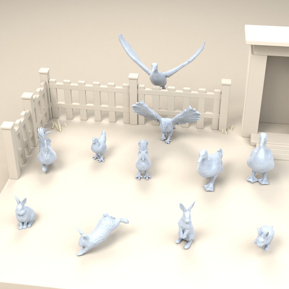 Photo du produit de diorama de modélisme 2 : miniatures d’animaux de ferme pour diorama : poules, canards, oie et lapins (h0_51)