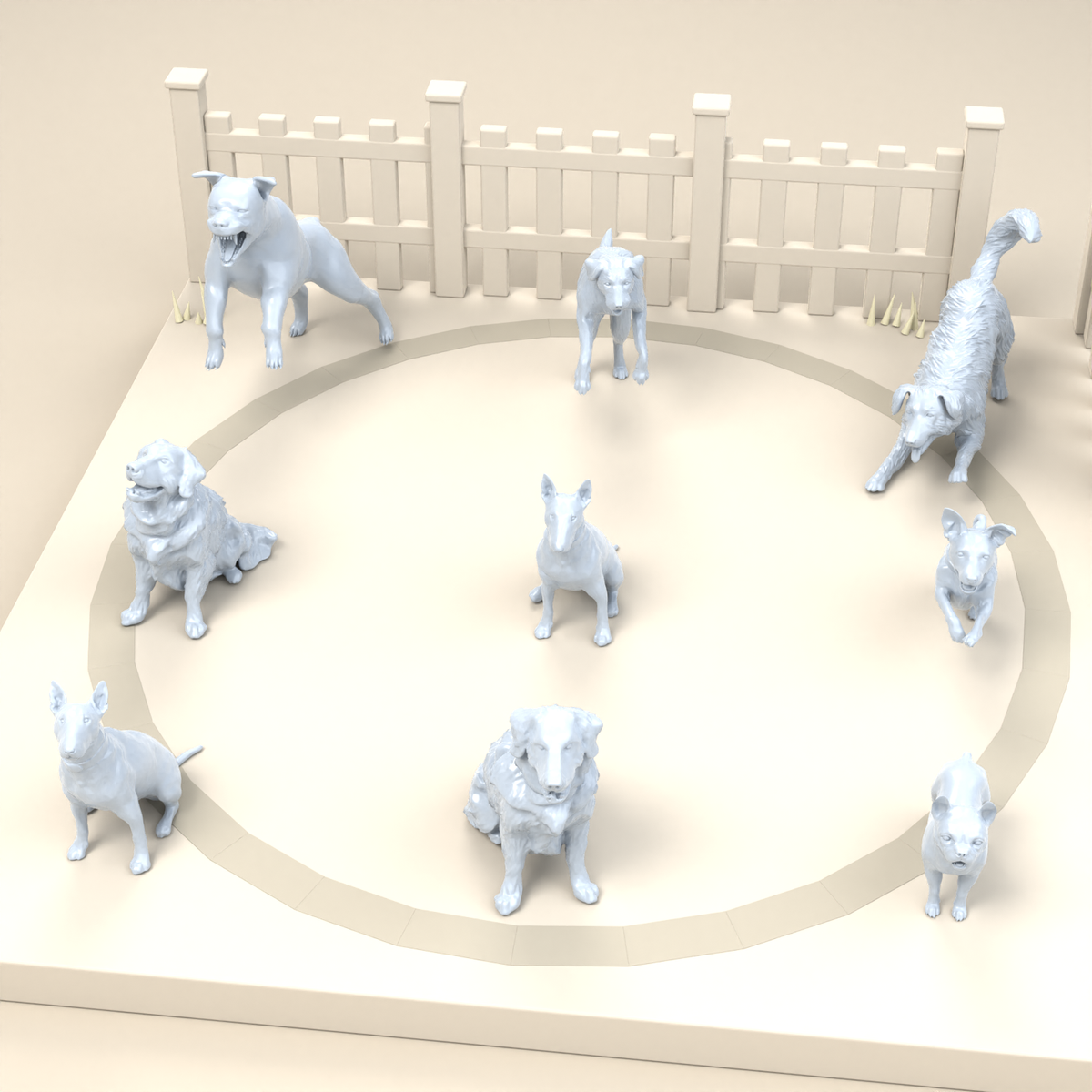 Photo produit de modélisme de diorama 2 : miniatures de chiens pour diorama : neuf chiens de races et de poses différentes (h0_52)