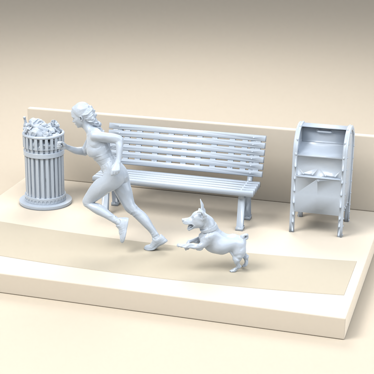 Diorama Modellbau Produktfoto 2: Diorama Figuren Set: Läuferin mit Hund, Parkbank und Stadtzubehör (h0_40)