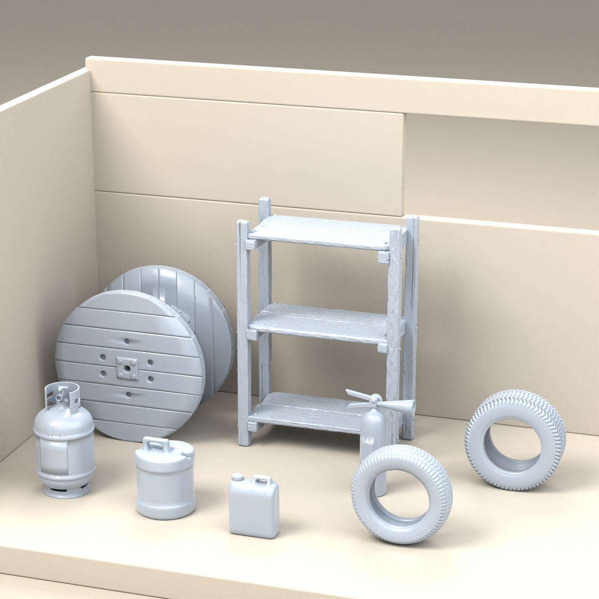 Diorama Modellbau Produktfoto 2: Diorama Miniatur Werkstatt: Regal, Reifen, Kabeltrommel und Zubehör (h0_43)