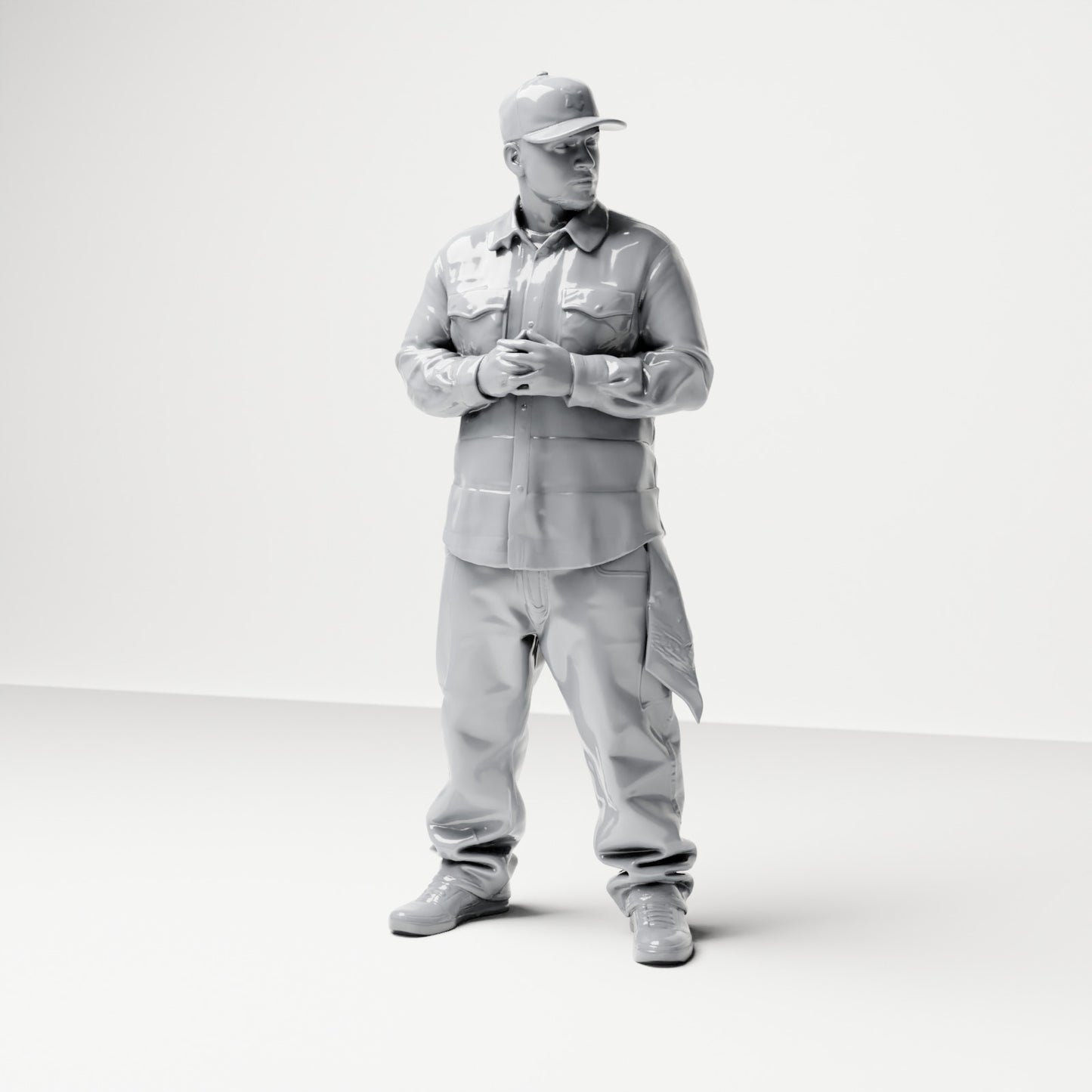 Diorama modélisme photo produit 0 : Figurine debout : Homme avec casquette et mains jointes, chemise avec poches poitrine, tissu dans la poche (B030)