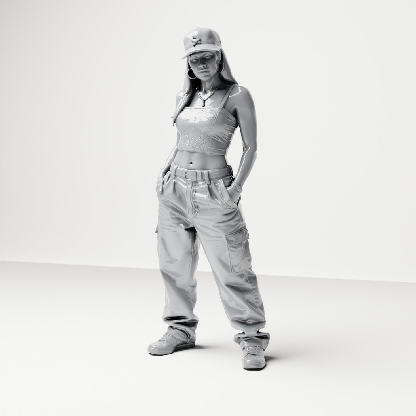 Diorama modélisme photo produit 0 : Figurine debout : Femme avec casquette, top court et pantalon cargo, mains dans les poches. (B031)