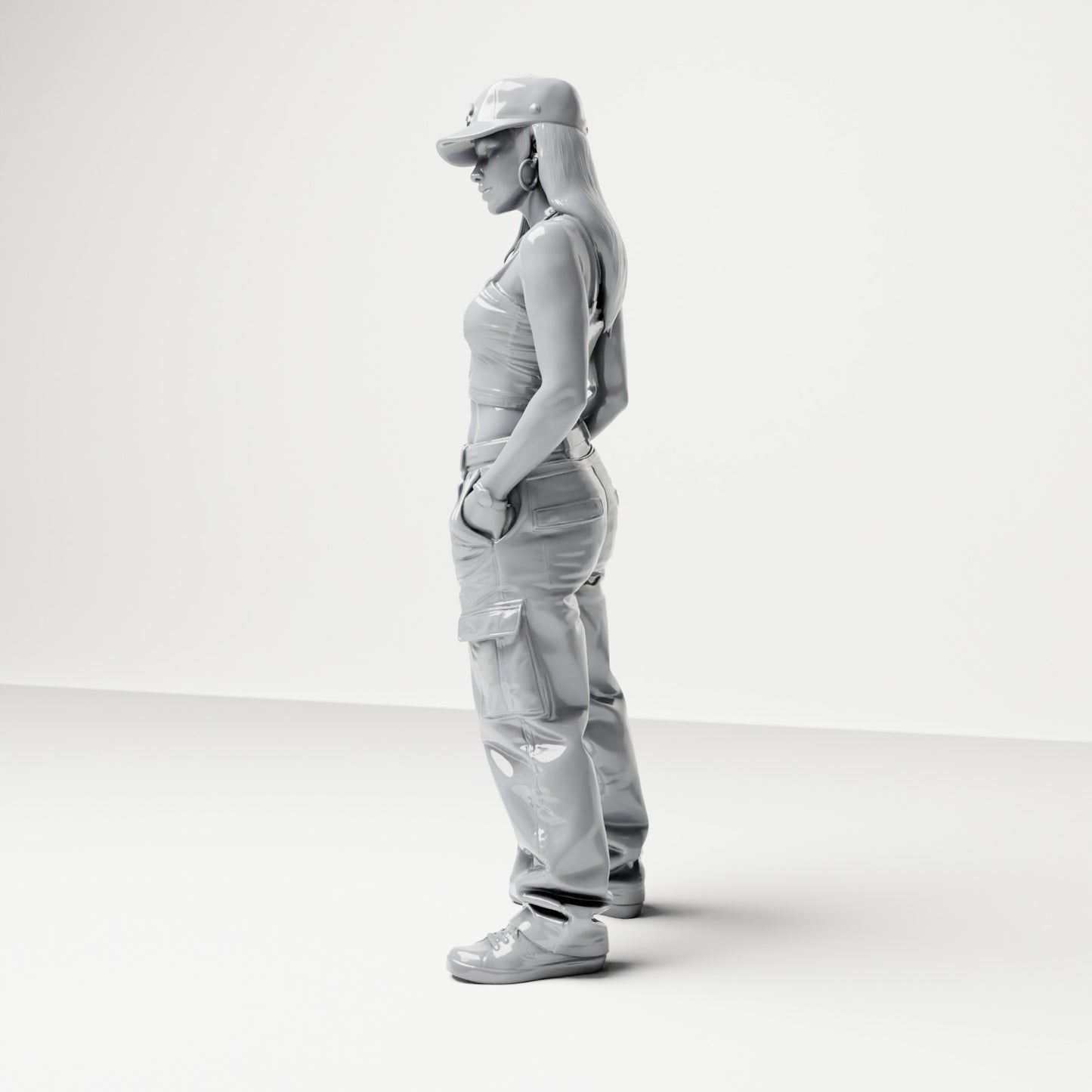 Diorama modélisme photo de produit 1 : Figurine debout : Femme avec casquette, top court et pantalon cargo, mains dans les poches. (B031)