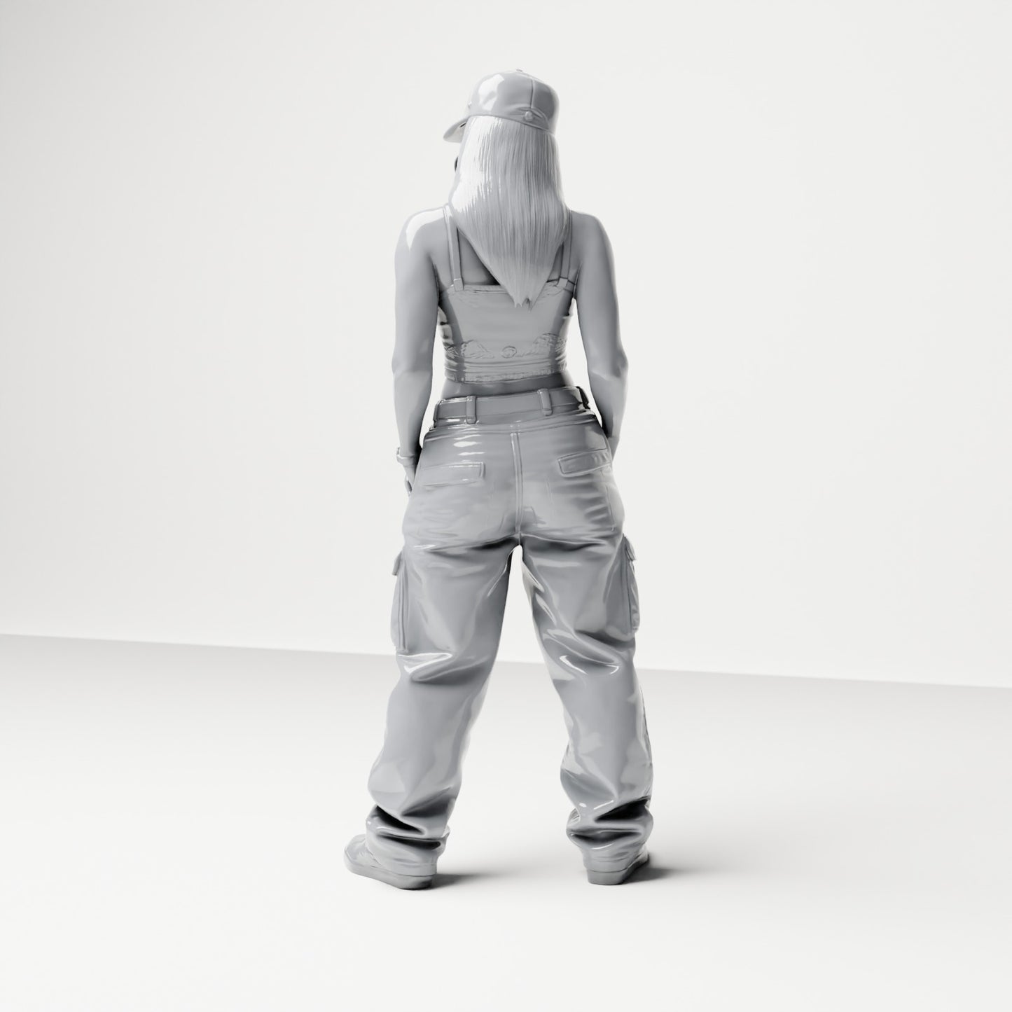 Diorama modélisme photo produit 2 : Figurine debout : Femme avec casquette, top court et pantalon cargo, mains dans les poches (B031)