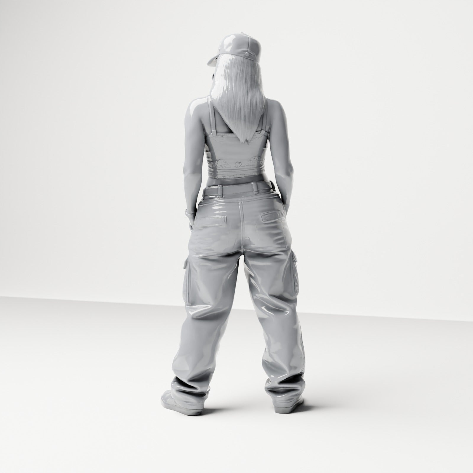 Diorama modélisme photo produit 2 : Figurine debout : Femme avec casquette, top court et pantalon cargo, mains dans les poches (B031)