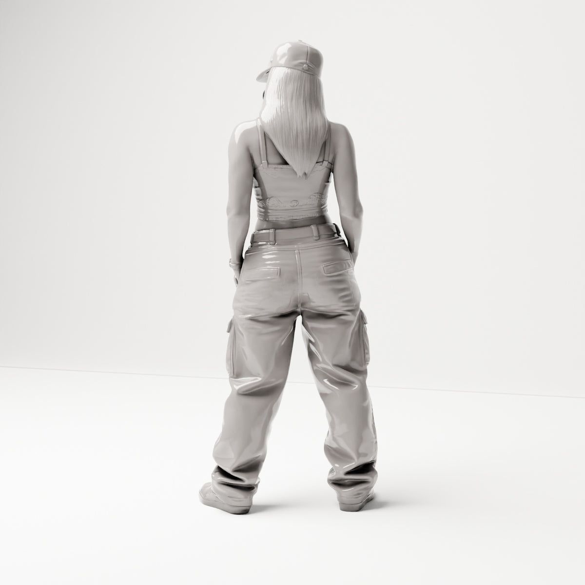 Stehende Figur: Frau im Hip-Hop-Style mit Basecap, bauchfreiem Top & Cargo-Hose (B031) - Rueckansicht